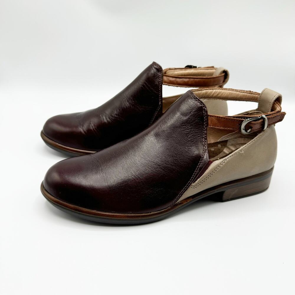 NAOT Kamsin Cutout Booties Womens 38/7 Ankle Boots Leather Buckle Bordeaux Taupe